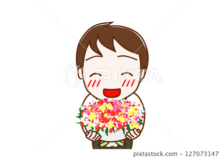 （上身正面照）一名男子微笑著，試圖遞上一束鮮花以示慶祝 127073147