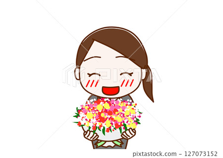 (Front view of upper body) A woman in a suit smiling and about to hand over a bouquet of flowers to celebrate (Front view of upper body) A woman in a suit smiling and about to hand over a bouquet of flowers to celebrate 127073152