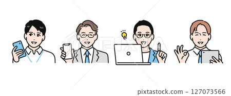 一組簡單的向量插圖，描繪了商界人士高興地看著他們的智慧型手機、平板電腦和個人電腦 127073566