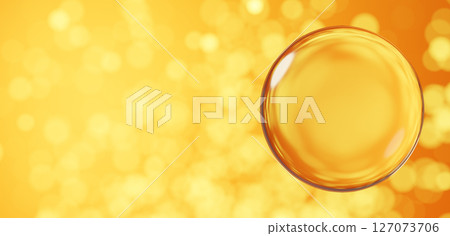 黃色背景上漂浮的透明球體。散景球。複製空間。 3D（橫向） 127073706
