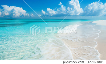 Blue sky over calm sea. Blue sea and sunny sky on horizon over calm water 127073805