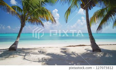 Tropical beach. Summer vacation on a tropical island with beautiful beach and palm trees. Tropical Maldives. 127073812