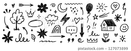 Hand drawn crayon chalk icon set. Cute flower, heart, cloud, star, crown and rainbow in colorful kid scribble style. Tree, house, smile, sun school sketch nature children design. Vector Hand drawn crayon chalk icon set. Cute flower, heart, cloud, star, crown and rainbow in colorful kid scribble style. Tree, house, smile, sun school sketch nature children design. Vector 127073899
