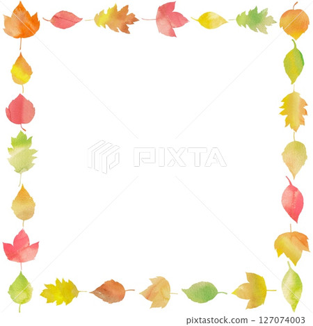 以色彩鮮豔、可愛的落葉組成的方形畫框。使用水彩畫的秋日色彩插圖。 以色彩鮮豔、可愛的落葉組成的方形畫框。使用水彩畫的秋日色彩插圖。 127074003