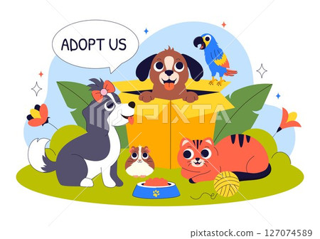 Animal Adoption Agency Vector Illustration Featuring Pet Adoption from a Shelter with Cats and Dogs in a Flat Style Cartoon Background 127074589