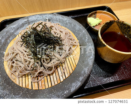 Delicious Zaru Soba noodles topped with Japanese shredded nori seaweed 127074631