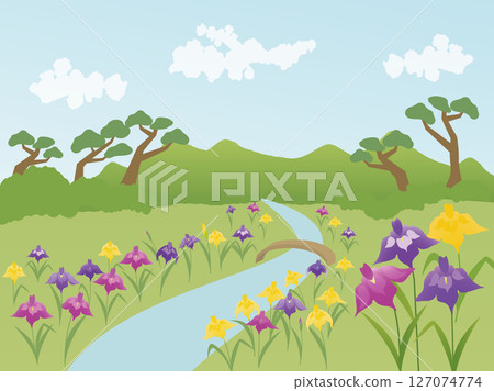 Illustration of a Japanese garden landscape with a stream and blooming irises Illustration of a Japanese garden landscape with a stream and blooming irises 127074774