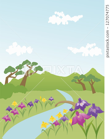 日式花園景觀插圖，有小溪和盛開的鳶尾花 127074775