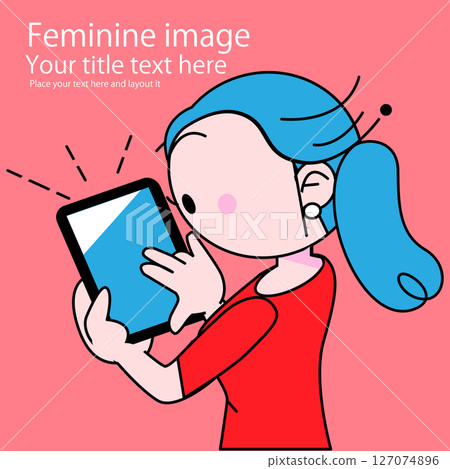一個可愛的女性角色正在擺姿勢看平板電腦 127074896
