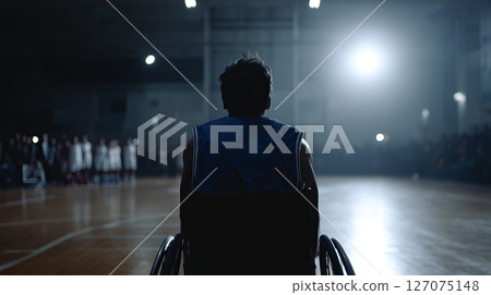 Wheelchair Basketball Player Drives Toward the Hoop in Exciting Game Scene 127075148