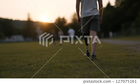 Boy with prosthetic leg enjoys soccer playtime with friend during sunset in open field 127075161