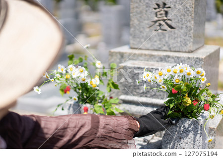 A woman placing flowers at a grave 127075194