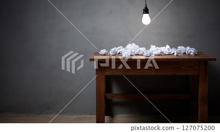 Single Lightbulb Hanging Above a Wooden Desk Surrounded by Crumpled Paper in a Minimalist Setting 127075200