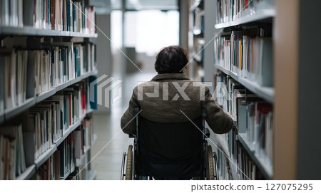 Person in Wheelchair Reaching for Book in Modern Library Environment Person in Wheelchair Reaching for Book in Modern Library Environment 127075295
