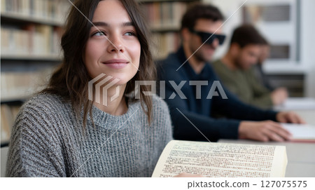 Teenager Studying with Braille Textbook in Library, Supporting Visual Impairment Education 127075575