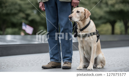 Veteran with Service Dog Stands Proudly at War Memorial in Peaceful Park Setting 127075577