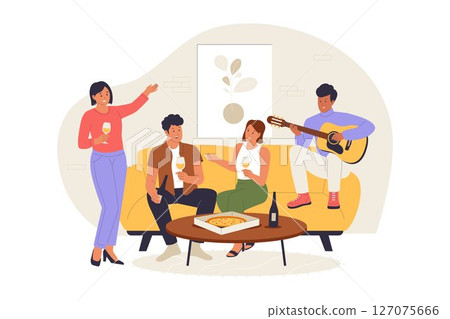 Entertaining Friends at Home Illustration with Music, Pizza, and Drinks Entertaining Friends at Home Illustration with Music, Pizza, and Drinks 127075666