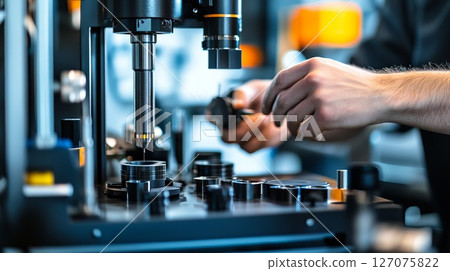 Precision Engineering Process in Modern Laboratory Setting with Hands Working on Equipment 127075822