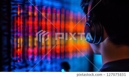 Person with Headphones Engaged in Sound Experience Surrounded by Colorful Waveforms and Lights 127075831