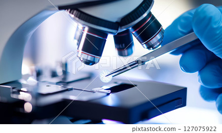 Close-Up of Laboratory Microscope with Scientist Hand Holding Slide for Research and Analysis 127075922