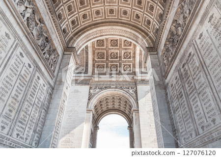 The majestic details of ornate stone carvings under the arch of the famous Arc de Triomphe. 127076120