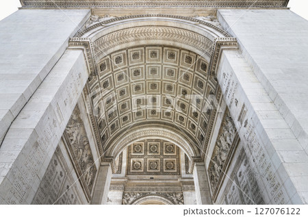 The stunning details of ornate stone carvings under the arch of the famous Arc de Triomphe. The stunning details of ornate stone carvings under the arch of the famous Arc de Triomphe. 127076122