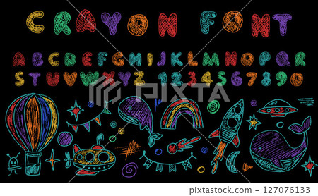 Crayon Drawing of Space and Ocean with English Letters Crayon Drawing of Space and Ocean with English Letters 127076133