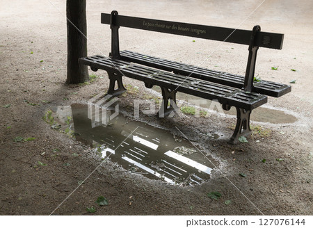 One empty bench made of black iron at the Palais Royal Garden. One empty bench made of black iron at the Palais Royal Garden. 127076144