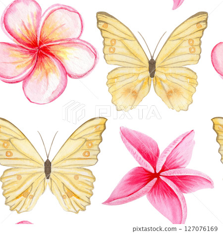 Yellow butterflies, pink tropical plumeria flowers seamless watercolor pattern. Hand painted for textile design, summer packaging, wedding decor, branding, stationery, digital products. Isolated on Yellow butterflies, pink tropical plumeria flowers seamless watercolor pattern. Hand painted for textile design, summer packaging, wedding decor, branding, stationery, digital products. Isolated on 127076169