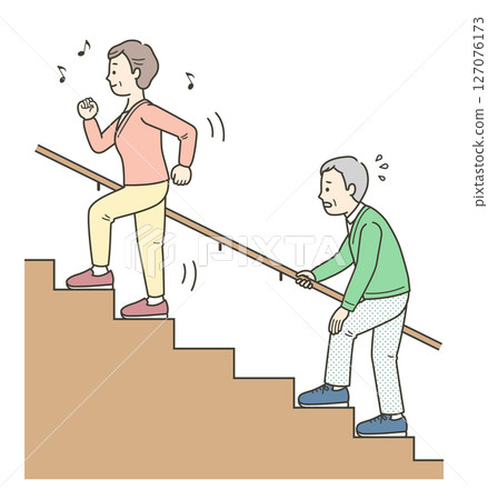 Illustration of an elderly woman climbing the stairs with vigor and an elderly man who seems to be in pain 127076173