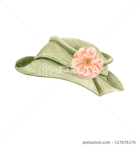 Vintage green hat with peony flower decor, hand-painted in watercolor on white. Perfect for wedding invitations, retro-themed stationery, fashion branding, boutique logos, feminine editorial projects 127076176