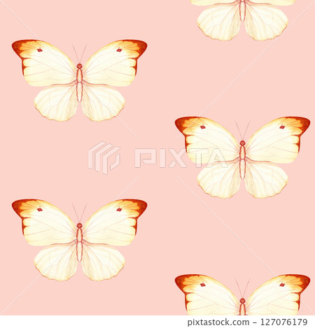 Cream and orange butterflies on a pink background. Seamless watercolor pattern, hand-painted. Ideal for textiles, branding, packaging, wedding decor, stationery, and creative business projects 127076179