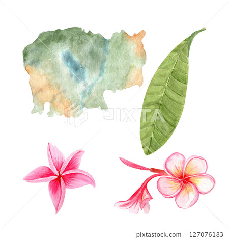 Cambodia map, tropical leaf, and two plumeria flowers watercolor set illustrations. Perfect for travel design, eco packaging, botanical branding, souvenirs, vacation posters, cultural tourism projects 127076183