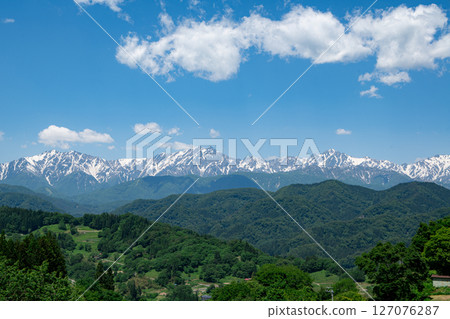 The Northern Alps mountain range with fresh greenery and remaining snow The Northern Alps mountain range with fresh greenery and remaining snow 127076287