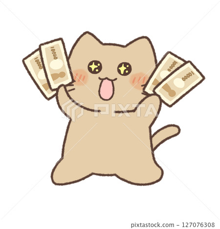 An illustration of a white cat skipping with sparkling eyes and money in both hands An illustration of a white cat skipping with sparkling eyes and money in both hands 127076308