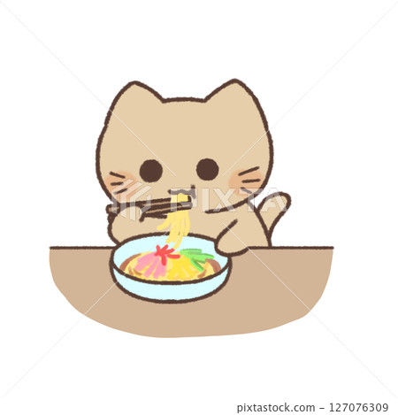 Illustration of a white cat eating cold noodles Illustration of a white cat eating cold noodles 127076309