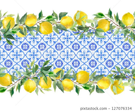 Elegant horizontal seamless pattern with yellow lemons, green foliage, and blue azulejo-style tiles. Perfect for kitchen wallpaper, table runners, fabric design, packaging, and Mediterranean or 127076334