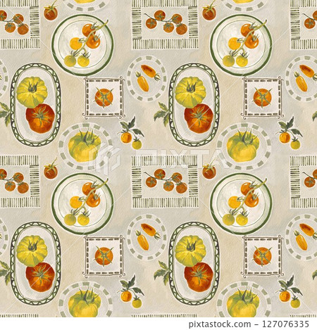 Mediterranean summer seamless pattern featuring cute Italian cuisine elements, farm tomatoes, and traditional ceramic plates. Perfect for textile design, wallpaper, packaging, and kitchen-themed 127076335