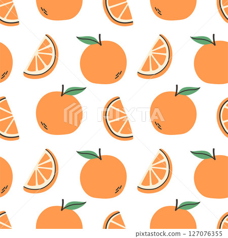 Orange summer pattern on white background. Simple seamless pattern with oranges and slices. Vector design for greeting card and invitation of seasonal summer holiday Orange summer pattern on white background. Simple seamless pattern with oranges and slices. Vector design for greeting card and invitation of seasonal summer holiday 127076355