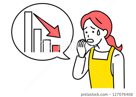 A woman in an apron looking upset at a falling graph A woman in an apron looking upset at a falling graph 127076408