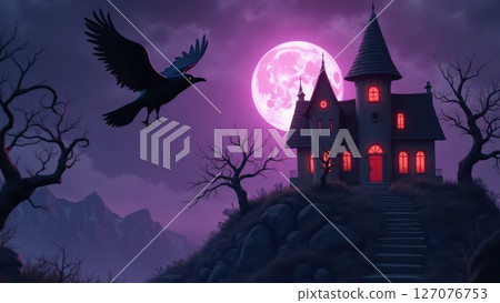 Spooky haunted castle on a hill under a full moon with crows flying in a stormy night sky. 127076753