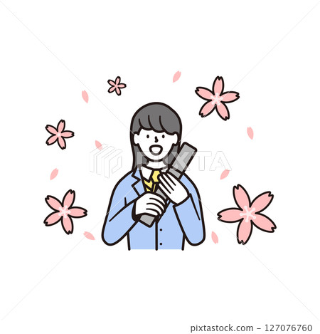 一位長髮高中女生拿著畢業證書，面帶微笑，手捧櫻花的插畫素材 127076760