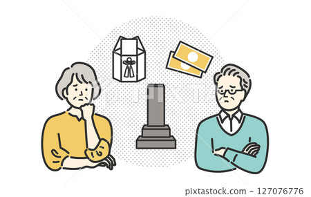 Illustration of a senior couple worried about assets, inheritance, legacy, and funerals Illustration of a senior couple worried about assets, inheritance, legacy, and funerals 127076776