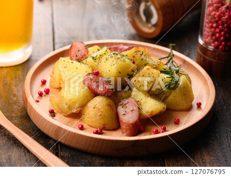 Sauteed potatoes and wieners with garlic Sauteed potatoes and wieners with garlic 127076795