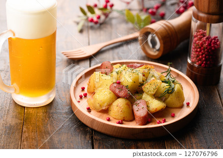 Sauteed potatoes and wieners with garlic Sauteed potatoes and wieners with garlic 127076796