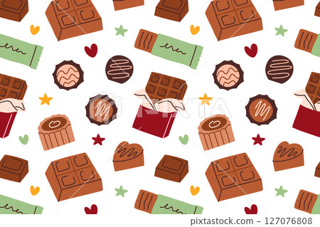 Seamless flat cartoon vector pattern with chocolate candies, bars and wrapped sweets in decorative shapes and glaze. Tasty dessert background for holidays, packaging, celebration, cozy festive design 127076808