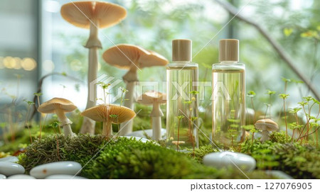 transparent serum bottles with mushroom-based skincare ingredients, placed among soft moss, white stones clear bottles of serum with mushroom-based skin care ingredients placed among soft moss, white 127076905