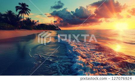 Sunset on the sea waves.  Tropical beach. 127076924