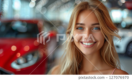 Successful saleswoman posing in a modern car showroom. Professional car dealer at auto showroom Successful saleswoman posing in a modern car showroom. Professional car dealer at auto showroom 127076970