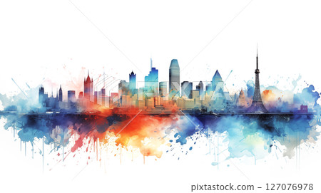 A watercolor painting of a cityscape. Vibrant cityscape with watercolor accents A watercolor painting of a cityscape. Vibrant cityscape with watercolor accents 127076978